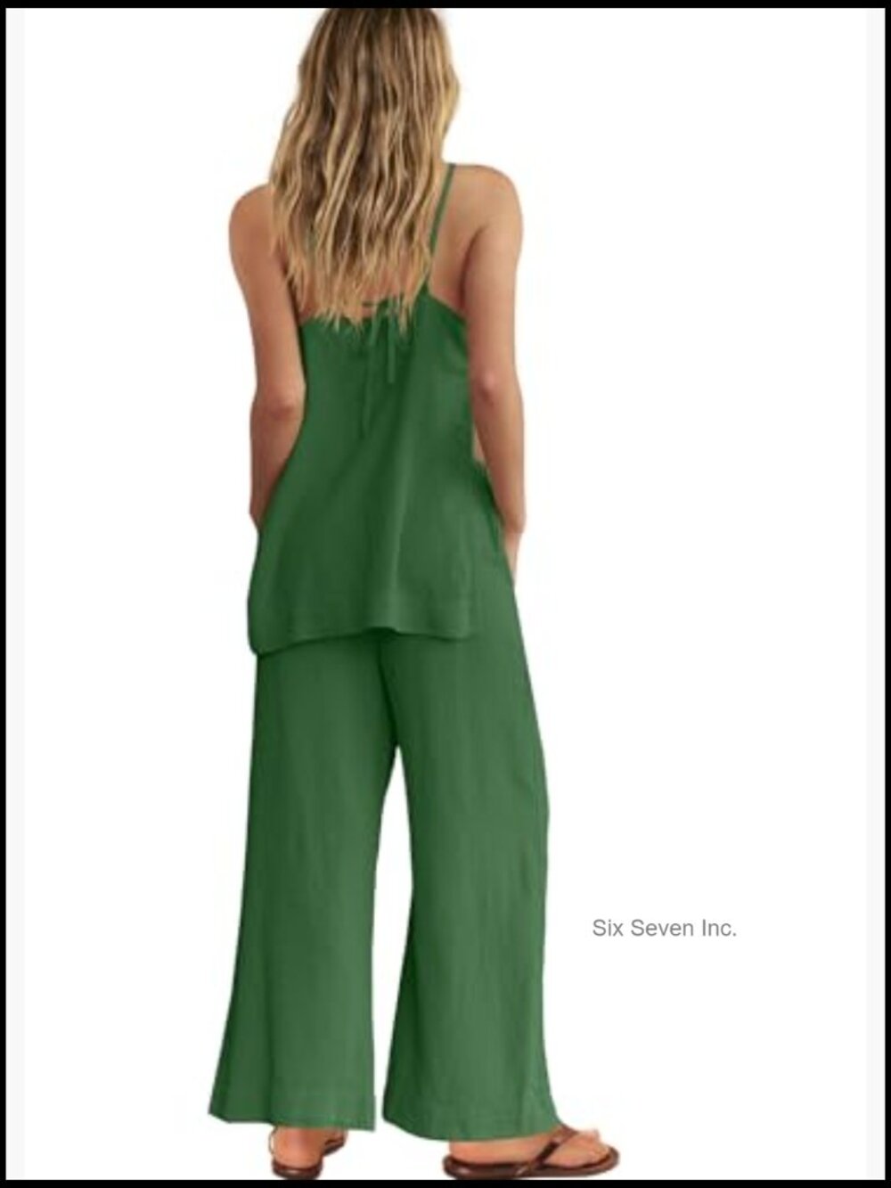 Linen 2 Piece Pants Set Spaghetti Strap Tank Top Wide Leg Lounge Outfits - Picture 4 of 7